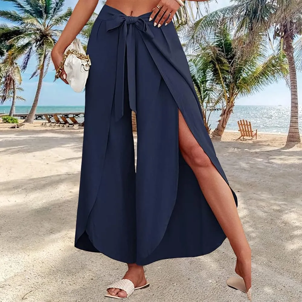 Women's Tie Belted Wide Leg Linen Capri Pants Summer High Waist Irregular Split Hem Palazzo Cropped Pants