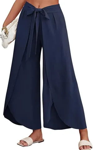 Women's Tie Belted Wide Leg Linen Capri Pants Summer High Waist Irregular Split Hem Palazzo Cropped Pants