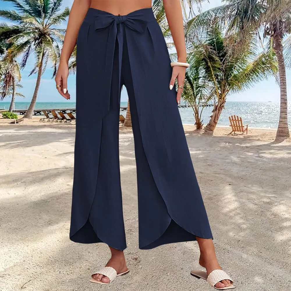 Women's Tie Belted Wide Leg Linen Capri Pants Summer High Waist Irregular Split Hem Palazzo Cropped Pants