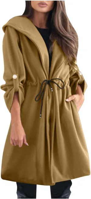 Womens Trench Coat with Hood Drawstring Long Coat Casual Long Hoodie Fashion Pea Coat Fall Winter Outfits
