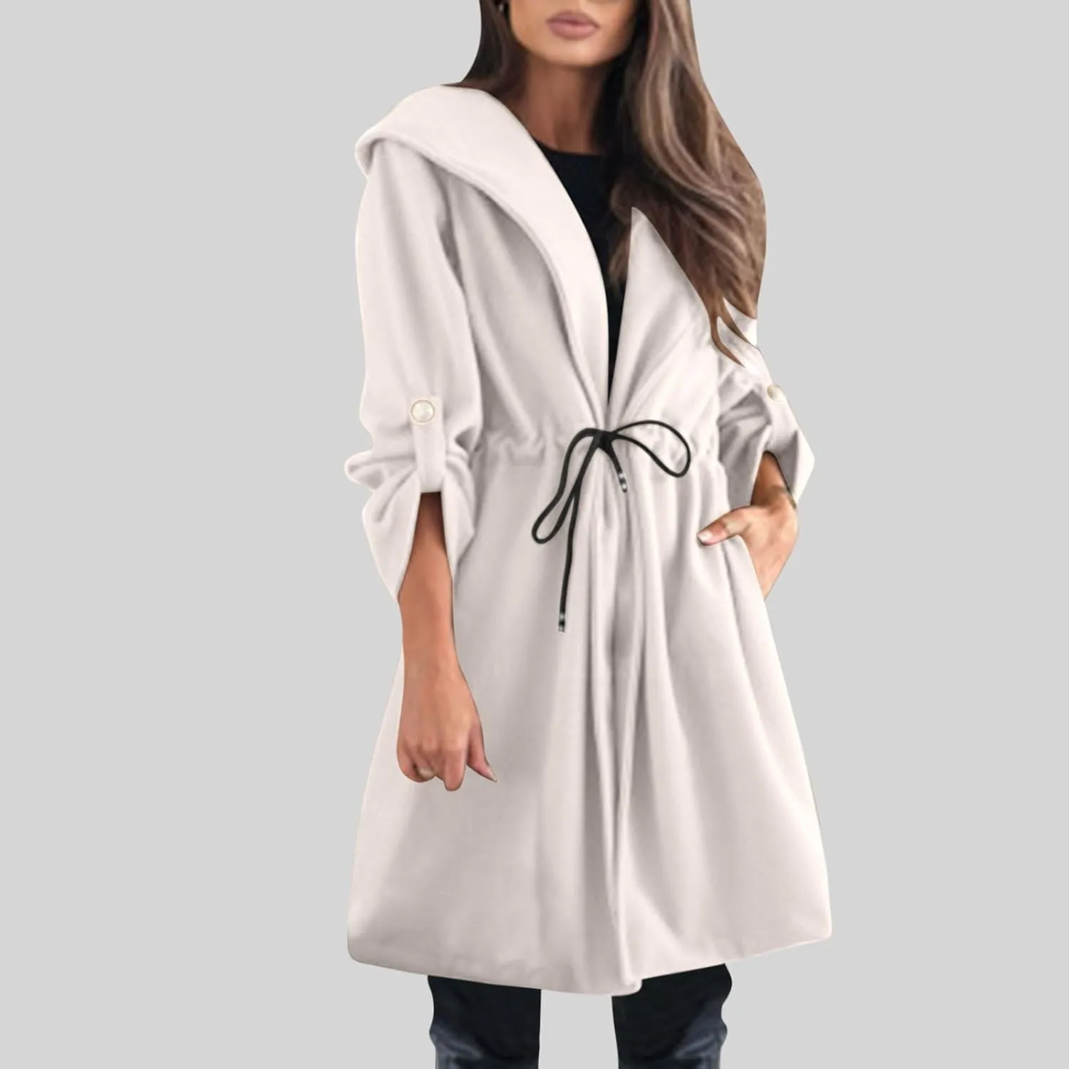 Womens Trench Coat with Hood Drawstring Long Coat Casual Long Hoodie Fashion Pea Coat Fall Winter Outfits