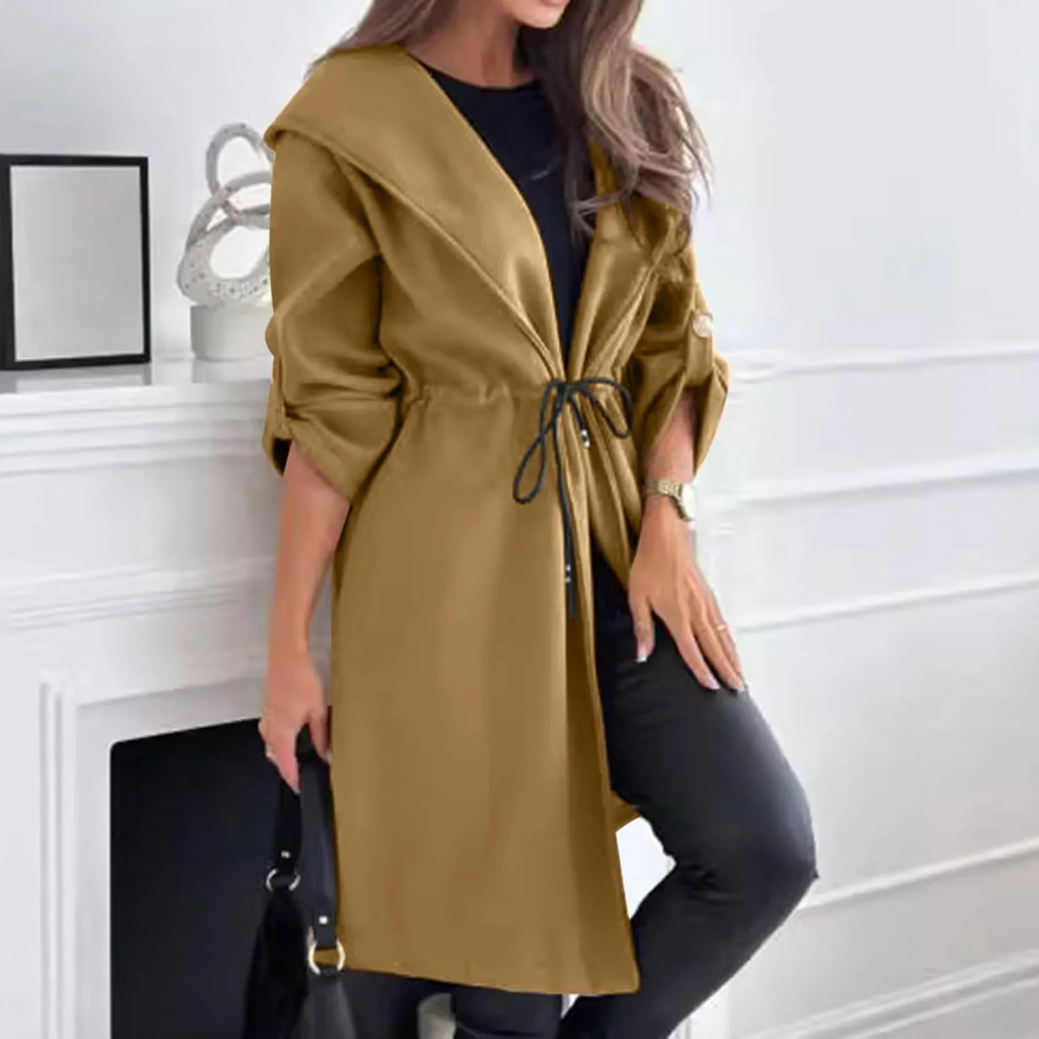 Womens Trench Coat with Hood Drawstring Long Coat Casual Long Hoodie Fashion Pea Coat Fall Winter Outfits
