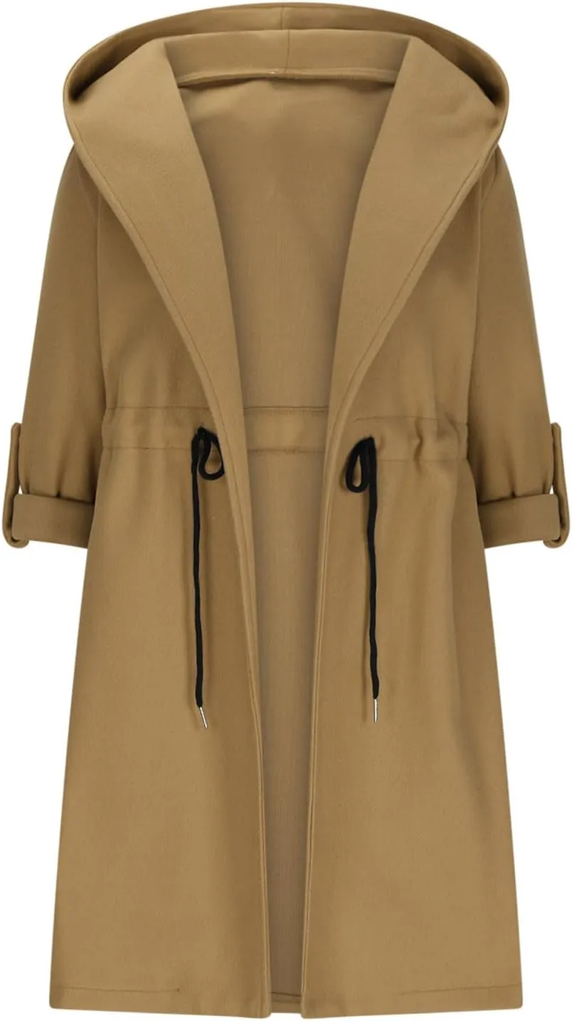 Womens Trench Coat with Hood Drawstring Long Coat Casual Long Hoodie Fashion Pea Coat Fall Winter Outfits