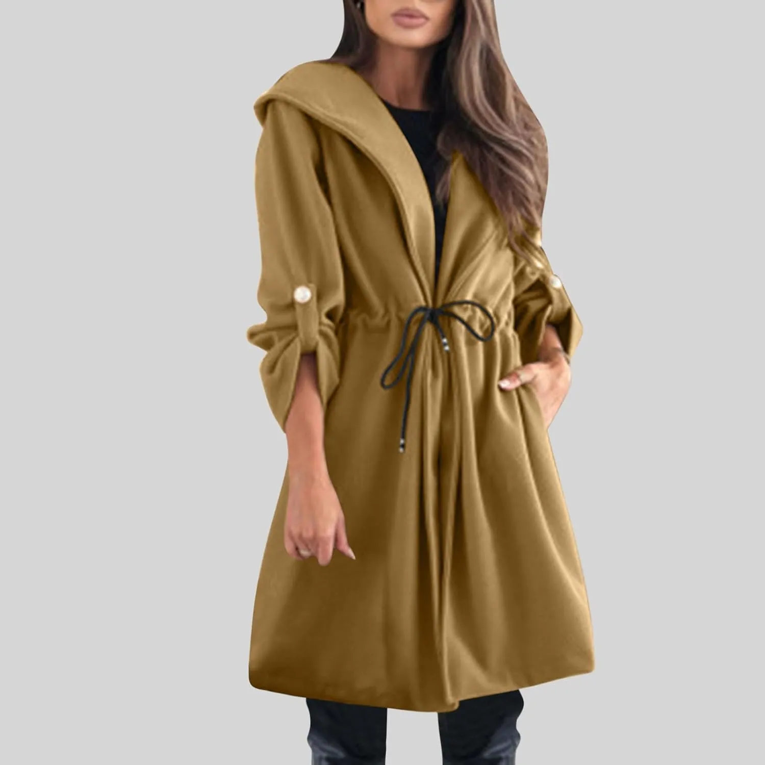 Womens Trench Coat with Hood Drawstring Long Coat Casual Long Hoodie Fashion Pea Coat Fall Winter Outfits
