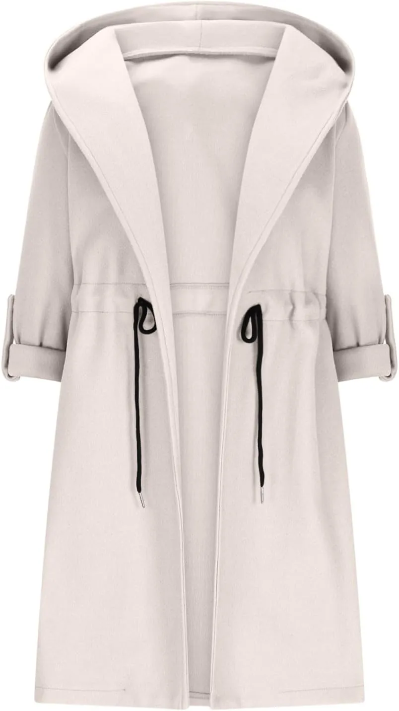 Womens Trench Coat with Hood Drawstring Long Coat Casual Long Hoodie Fashion Pea Coat Fall Winter Outfits