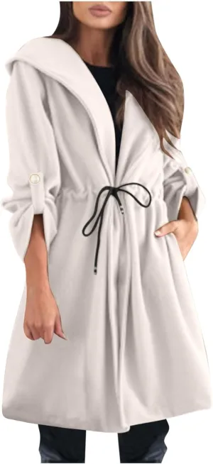 Womens Trench Coat with Hood Drawstring Long Coat Casual Long Hoodie Fashion Pea Coat Fall Winter Outfits