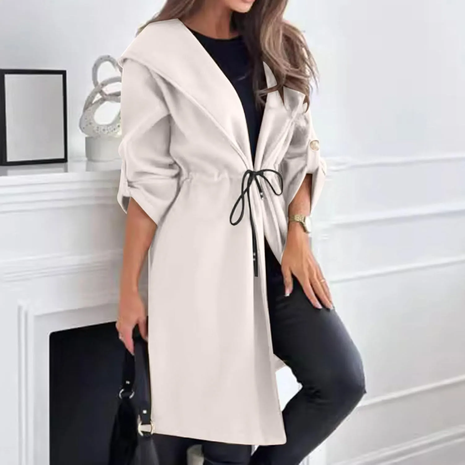 Womens Trench Coat with Hood Drawstring Long Coat Casual Long Hoodie Fashion Pea Coat Fall Winter Outfits