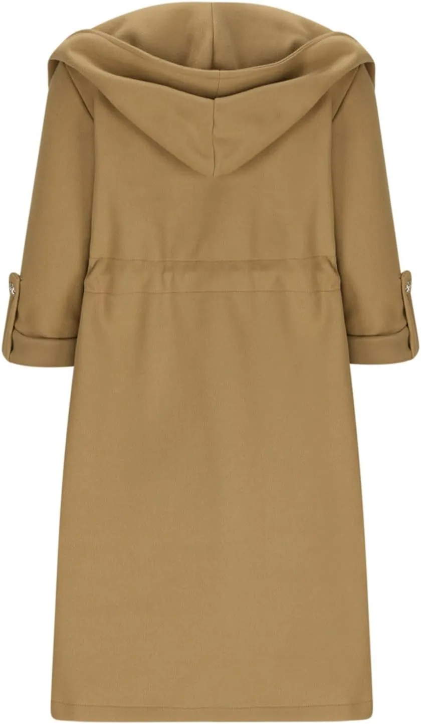 Womens Trench Coat with Hood Drawstring Long Coat Casual Long Hoodie Fashion Pea Coat Fall Winter Outfits