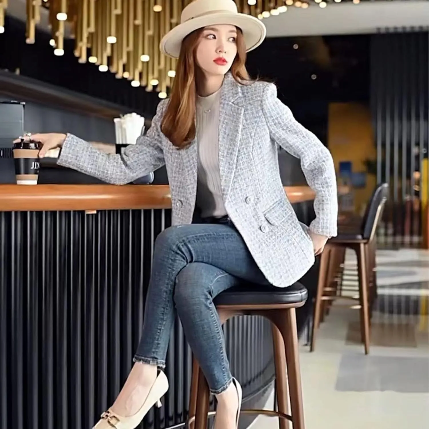 Womens Tweed Blazer Jackets Fall Winter Warm Fashion Casual Open Front Business Elegant Work Suit Top Pocket