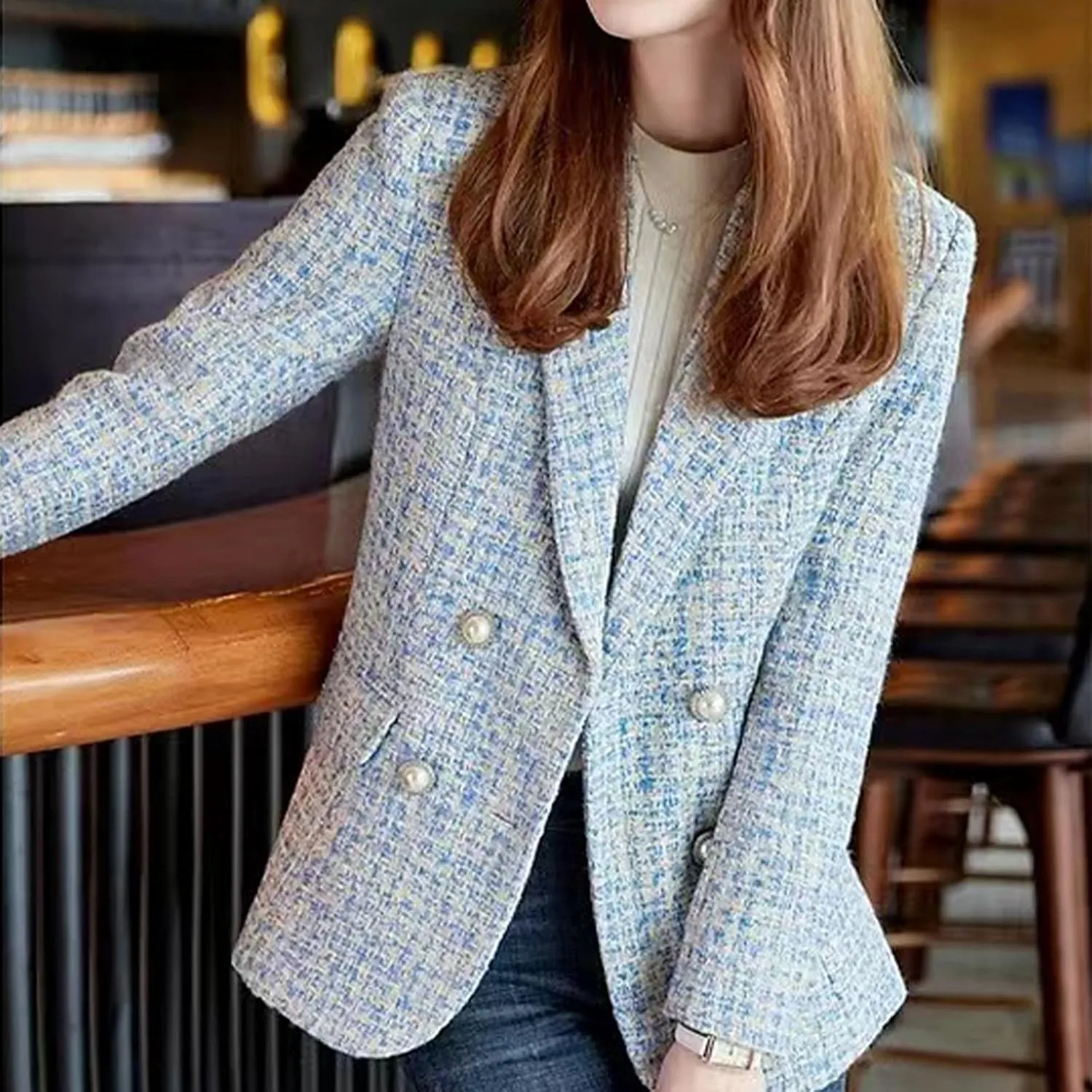 Womens Tweed Blazer Jackets Fall Winter Warm Fashion Casual Open Front Business Elegant Work Suit Top Pocket