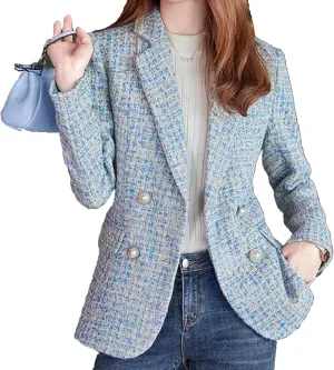 Womens Tweed Blazer Jackets Fall Winter Warm Fashion Casual Open Front Business Elegant Work Suit Top Pocket