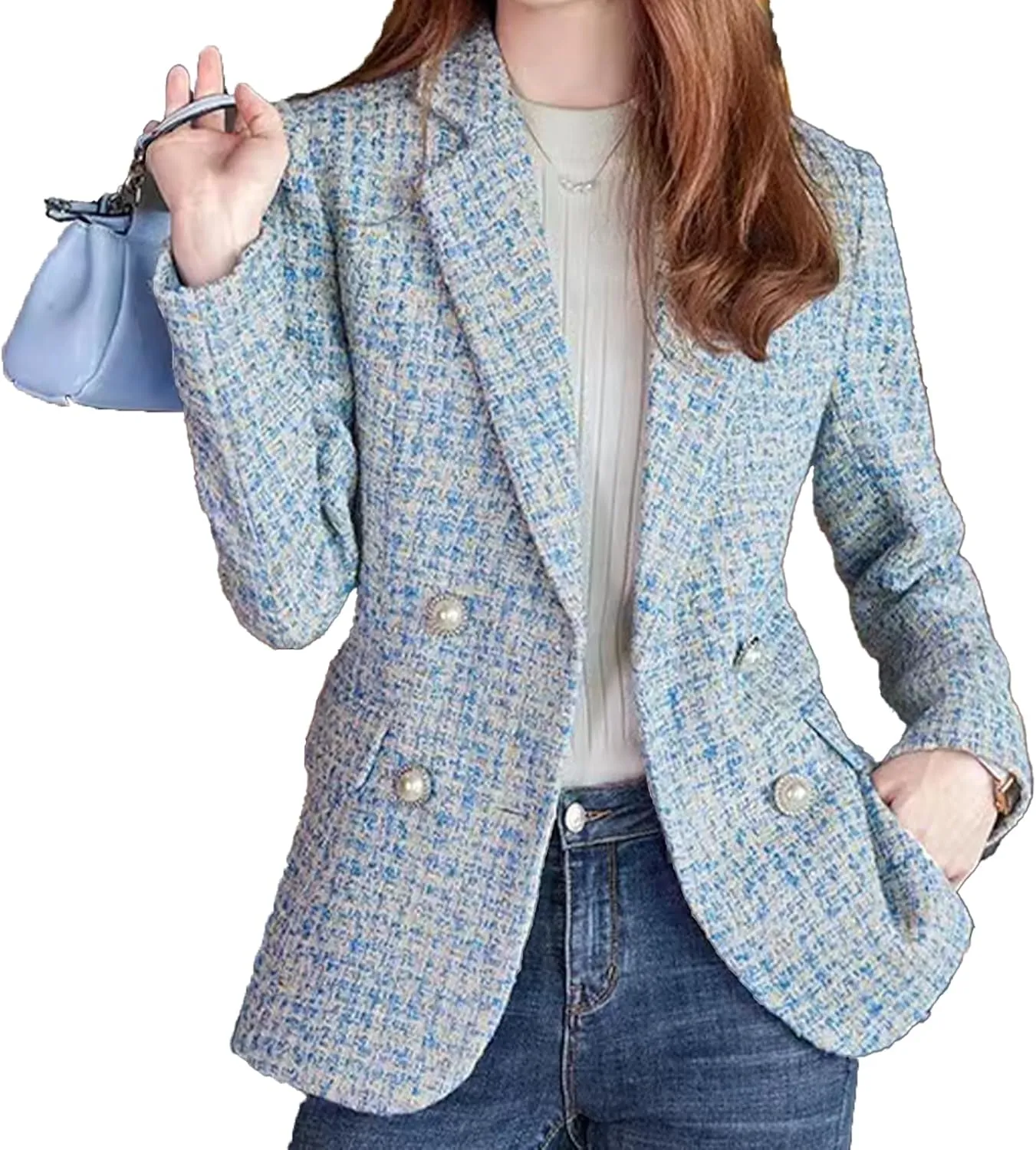 Womens Tweed Blazer Jackets Fall Winter Warm Fashion Casual Open Front Business Elegant Work Suit Top Pocket