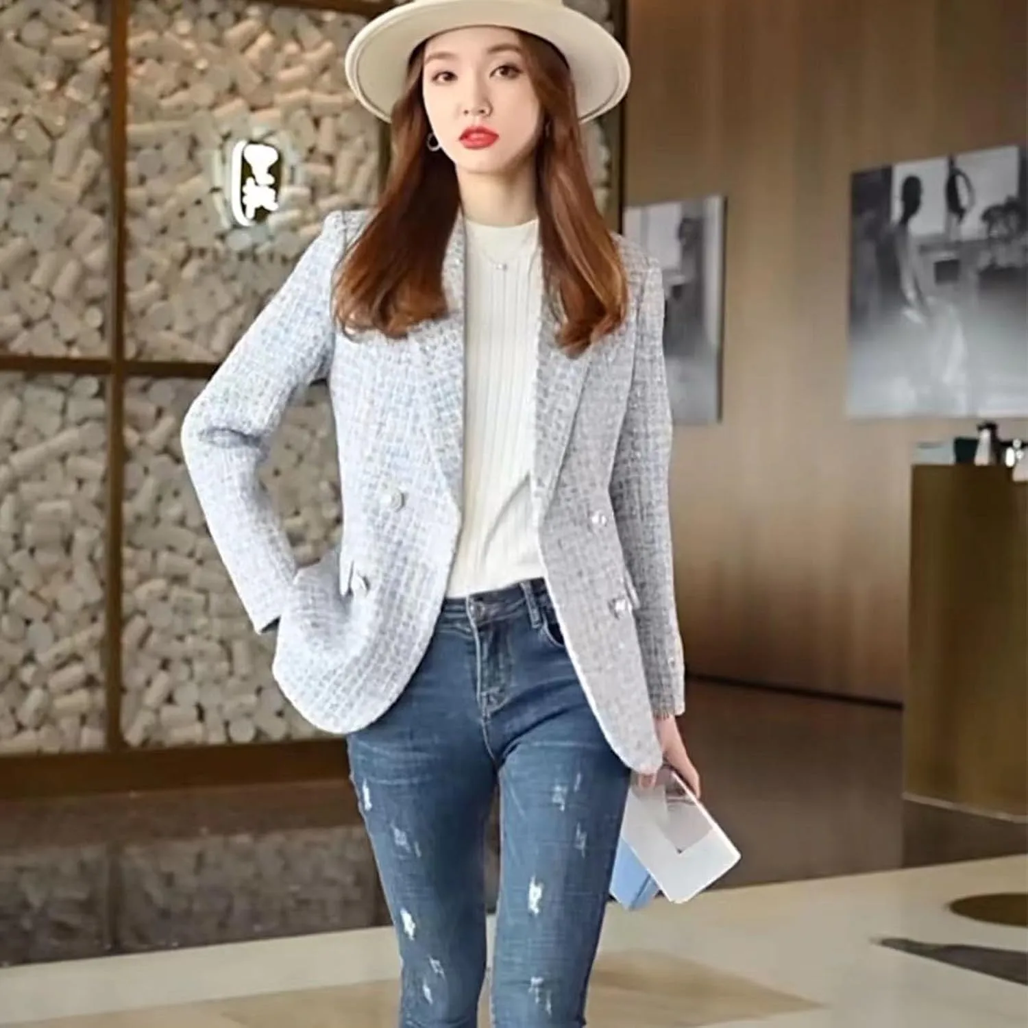 Womens Tweed Blazer Jackets Fall Winter Warm Fashion Casual Open Front Business Elegant Work Suit Top Pocket