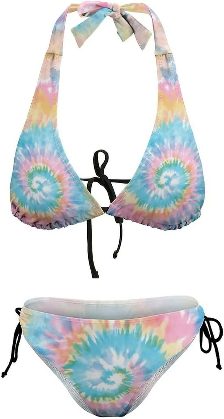 Women's Two Piece Tie Dye Bikini Set Halter Padded Top Tie Side Bottom Swimsuit