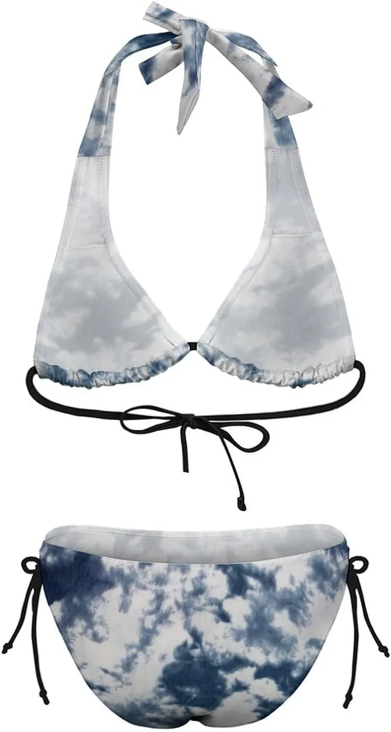 Women's Two Piece Tie Dye Bikini Set Halter Padded Top Tie Side Bottom Swimsuit