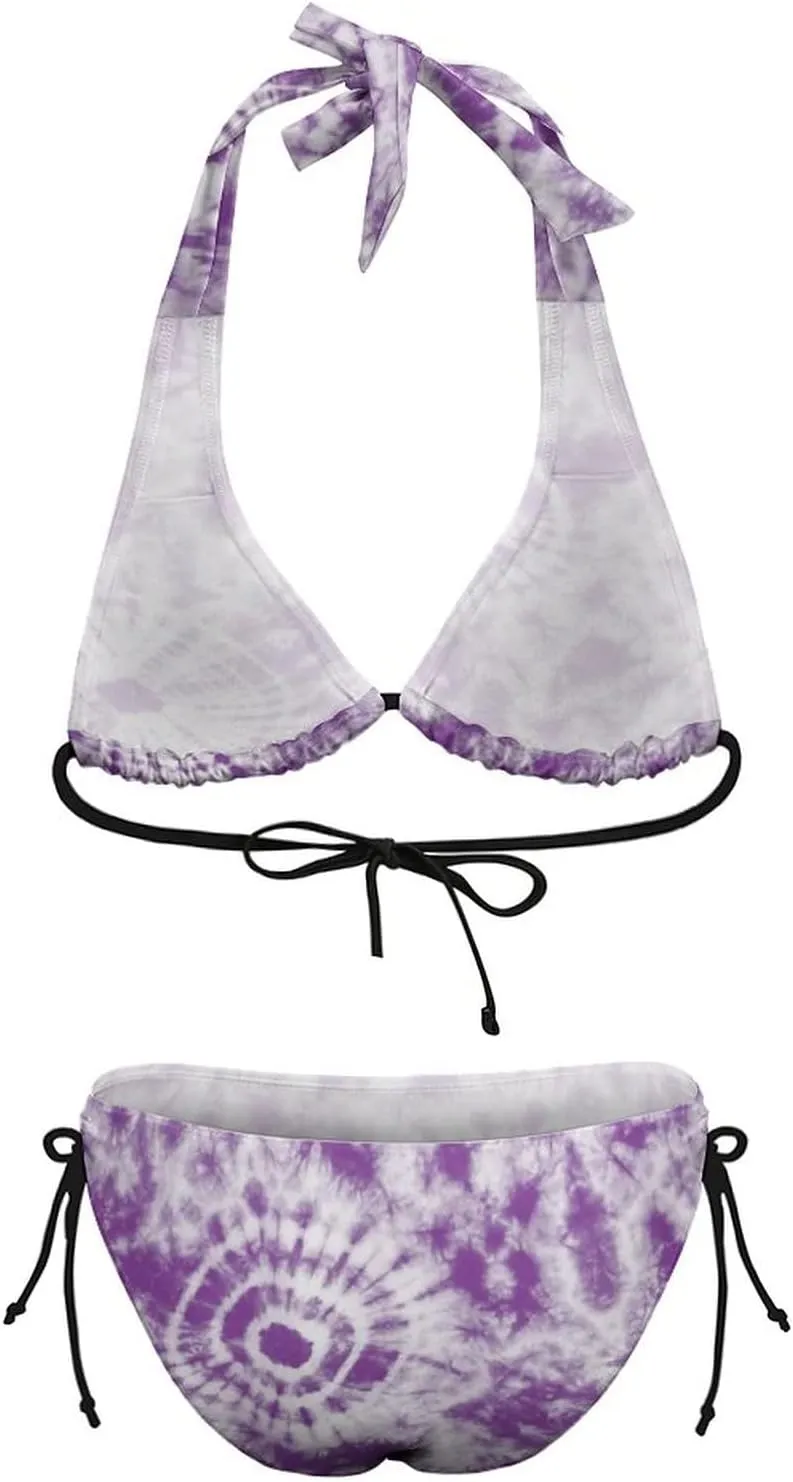 Women's Two Piece Tie Dye Bikini Set Halter Padded Top Tie Side Bottom Swimsuit