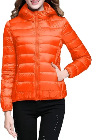 Women's Warm Hooded Down Jacket Packable Jacket Short Solid Lightweight Full Zip Outwear Winter Coat with Pockets