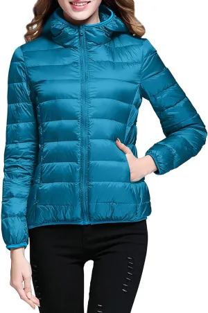 Women's Warm Hooded Down Jacket Packable Jacket Short Solid Lightweight Full Zip Outwear Winter Coat with Pockets