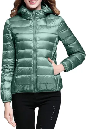 Women's Warm Hooded Down Jacket Packable Jacket Short Solid Lightweight Full Zip Outwear Winter Coat with Pockets