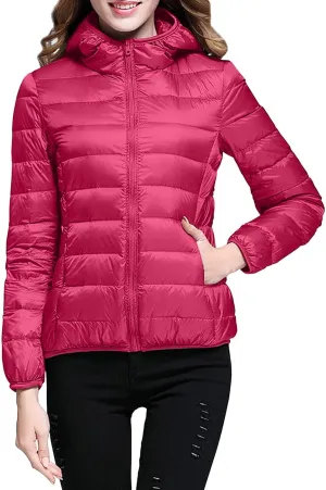 Women's Warm Hooded Down Jacket Packable Jacket Short Solid Lightweight Full Zip Outwear Winter Coat with Pockets
