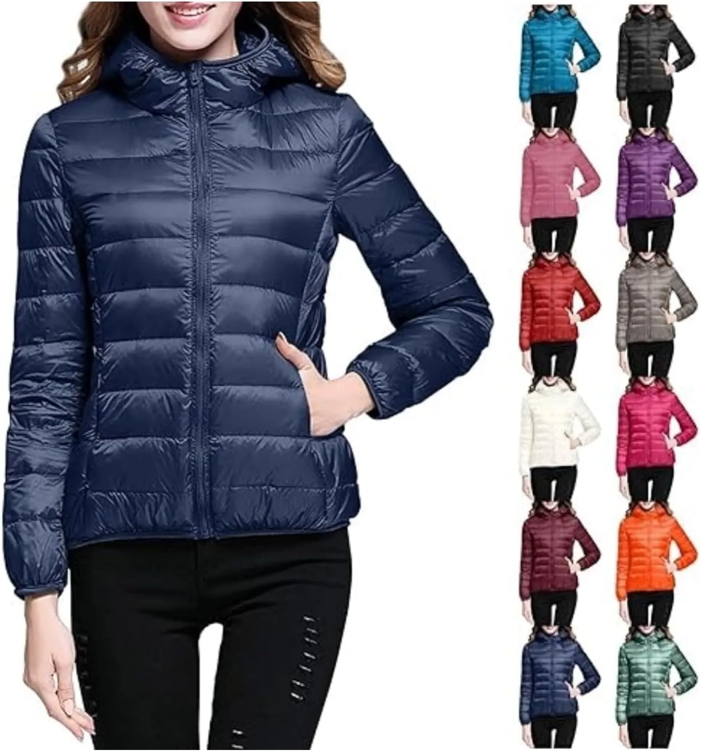 Women's Warm Hooded Down Jacket Packable Jacket Short Solid Lightweight Full Zip Outwear Winter Coat with Pockets