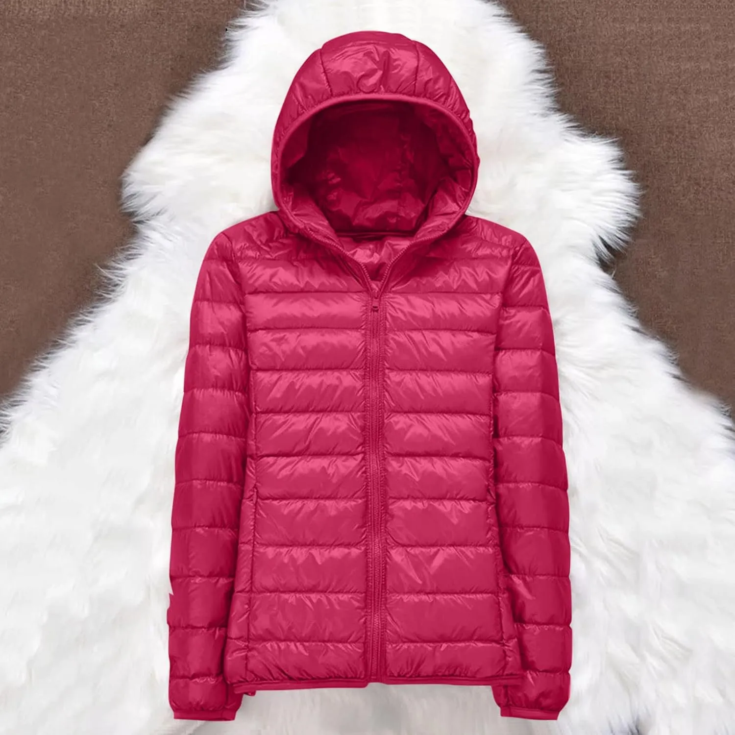 Women's Warm Hooded Down Jacket Packable Jacket Short Solid Lightweight Full Zip Outwear Winter Coat with Pockets