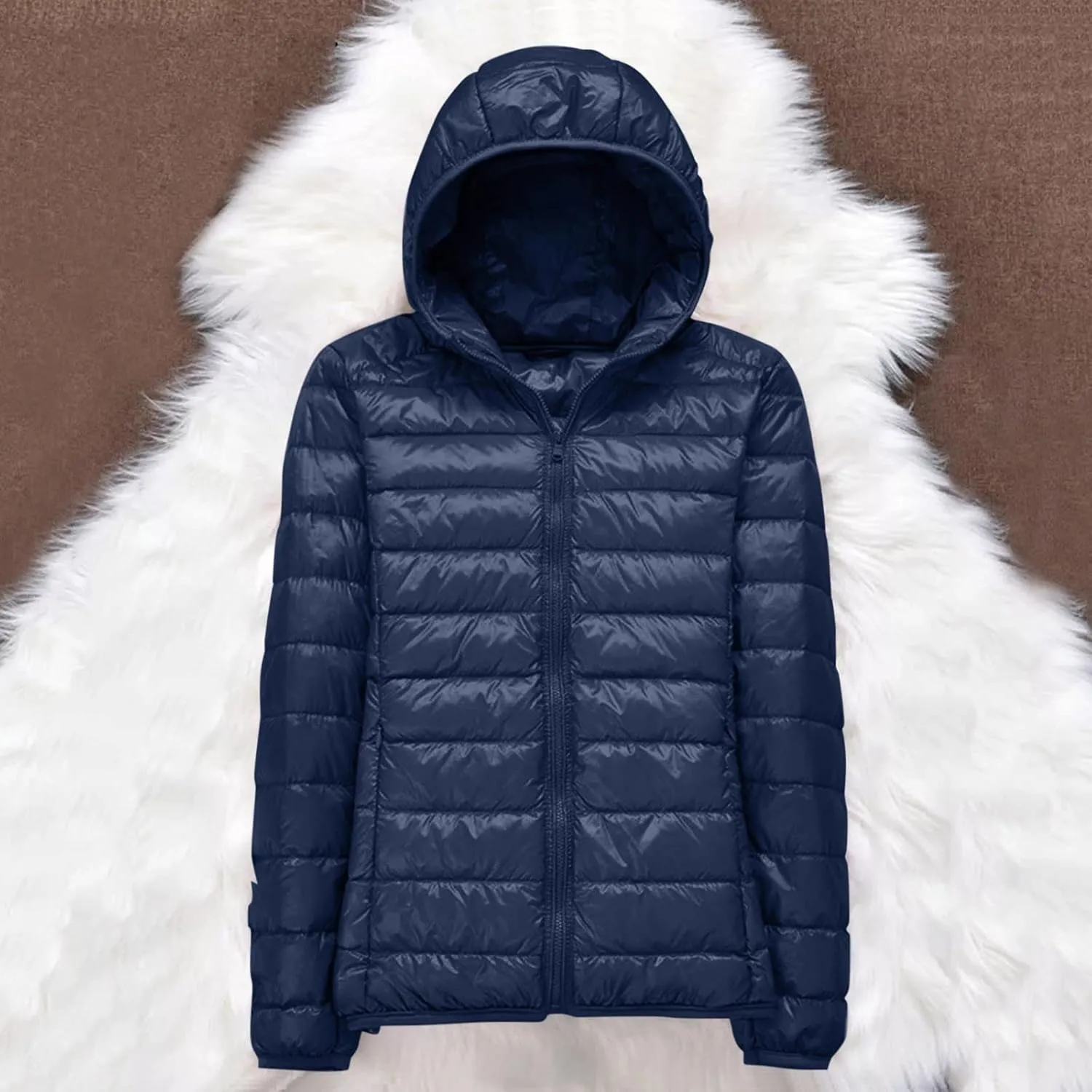 Women's Warm Hooded Down Jacket Packable Jacket Short Solid Lightweight Full Zip Outwear Winter Coat with Pockets