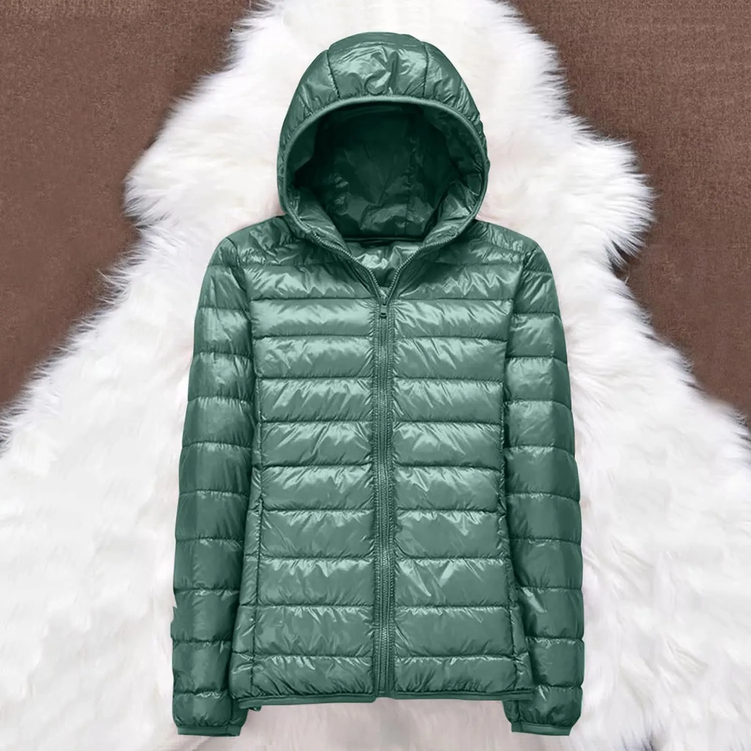 Women's Warm Hooded Down Jacket Packable Jacket Short Solid Lightweight Full Zip Outwear Winter Coat with Pockets
