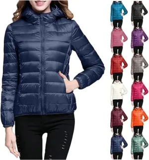 Women's Warm Hooded Down Jacket Packable Jacket Short Solid Lightweight Full Zip Outwear Winter Coat with Pockets