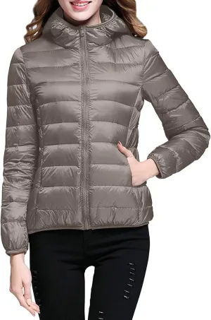 Women's Warm Hooded Down Jacket Packable Jacket Short Solid Lightweight Full Zip Outwear Winter Coat with Pockets