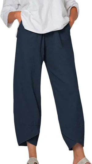 Womens Wide Leg Cotton Linen Pants Summer Casual Palazzo Cropped Pants Loose Elastic Waist Capri Trousers with Pockets