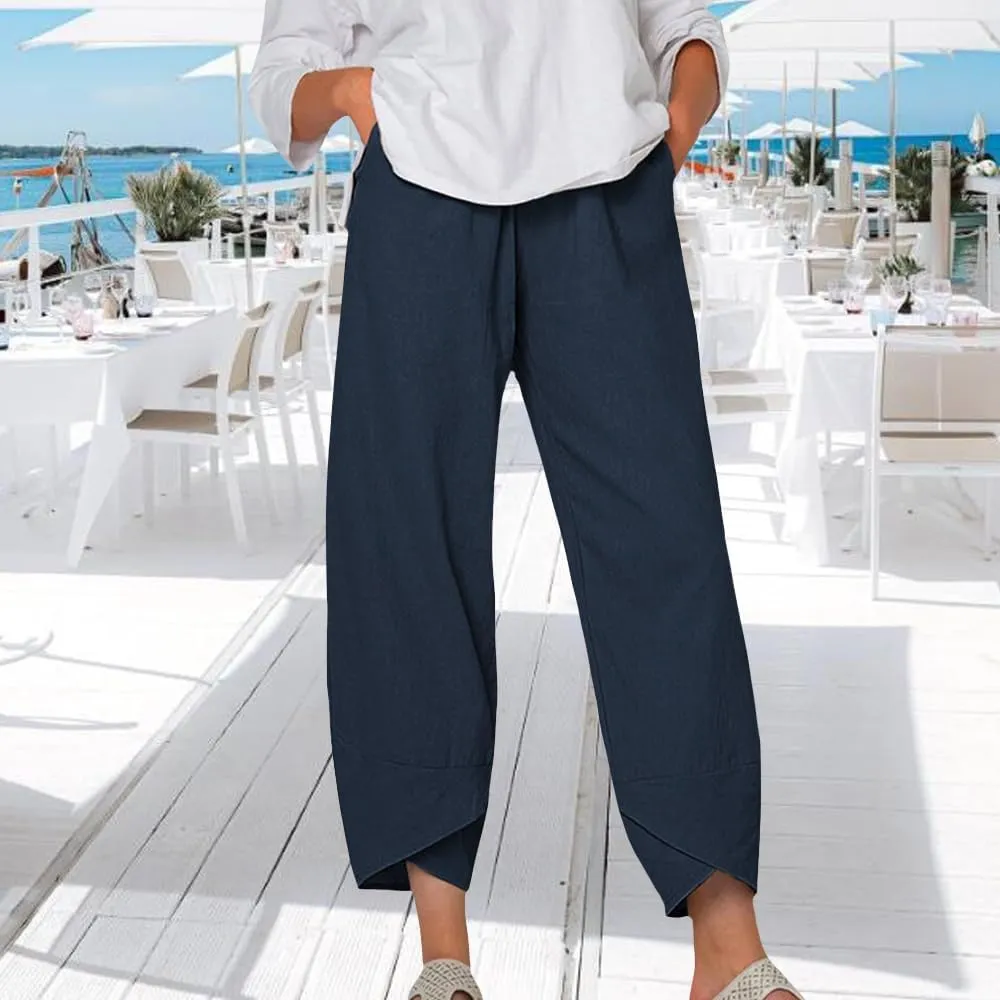 Womens Wide Leg Cotton Linen Pants Summer Casual Palazzo Cropped Pants Loose Elastic Waist Capri Trousers with Pockets