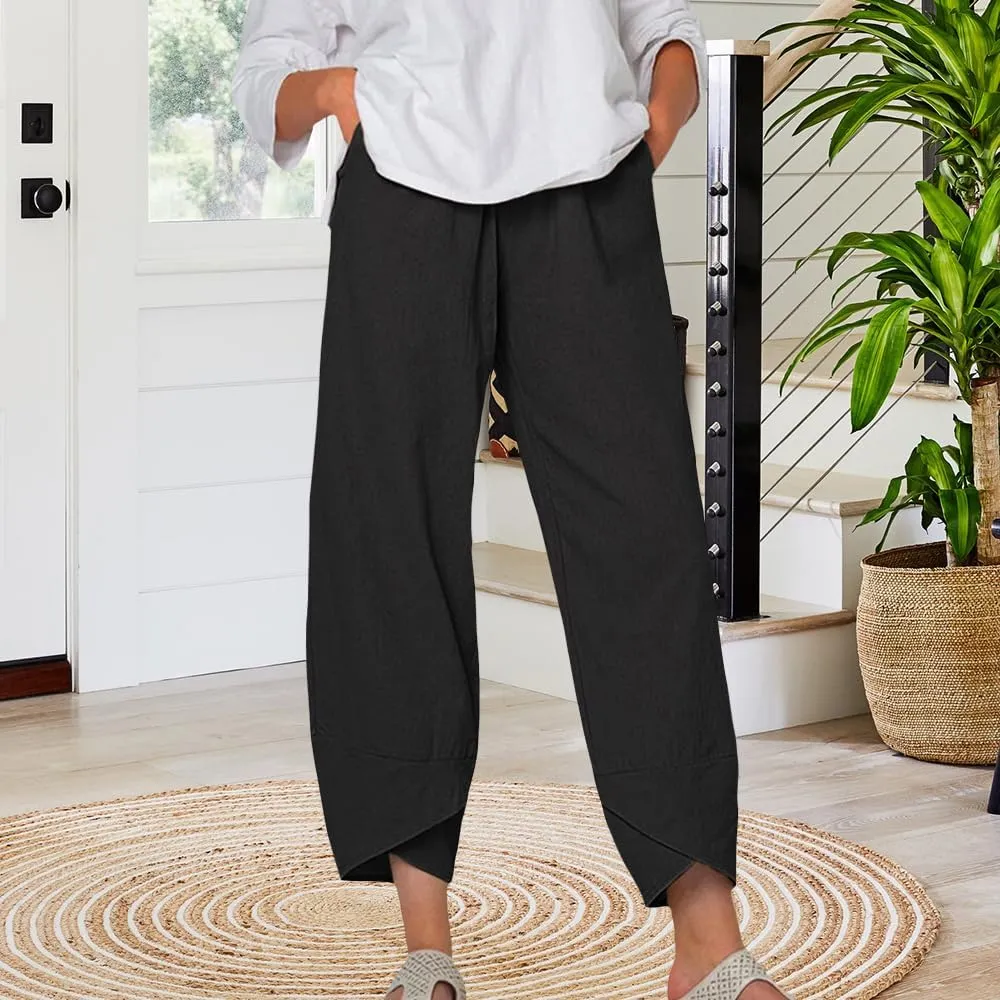 Womens Wide Leg Cotton Linen Pants Summer Casual Palazzo Cropped Pants Loose Elastic Waist Capri Trousers with Pockets