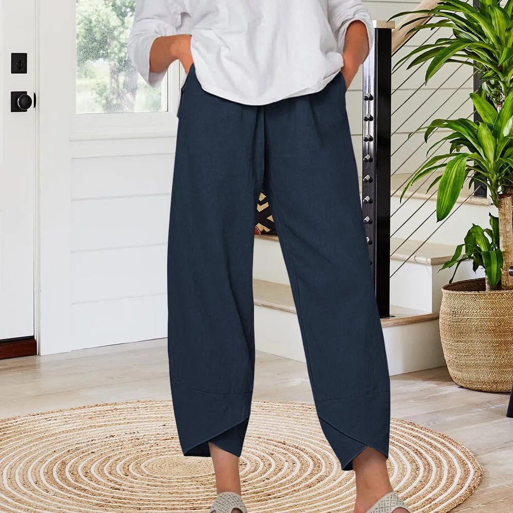 Womens Wide Leg Cotton Linen Pants Summer Casual Palazzo Cropped Pants Loose Elastic Waist Capri Trousers with Pockets