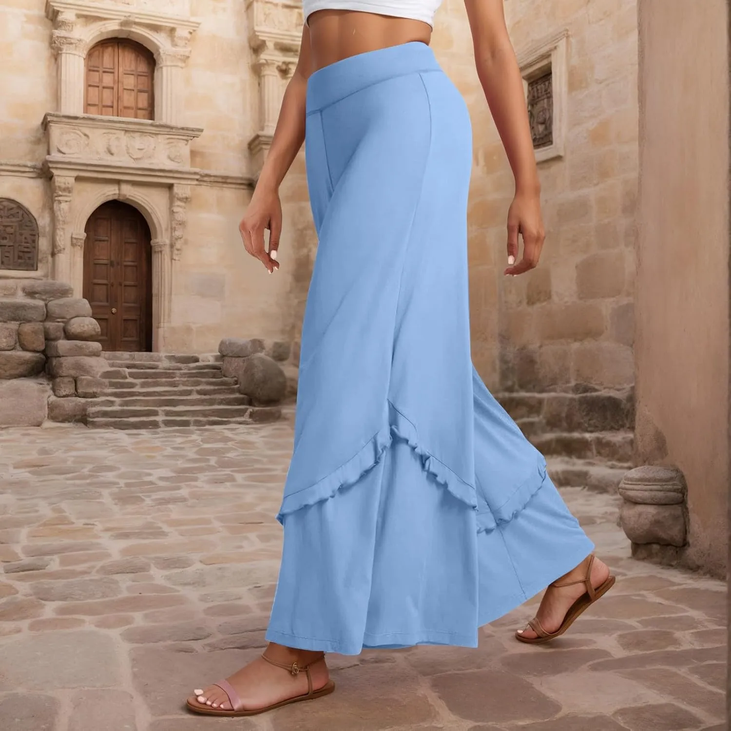 Womens Wide Leg Pants Stretch High Waisted Flowy Ruffle Palazzo Pants Lightweight Soft Comfy Yoga Pants Trousers
