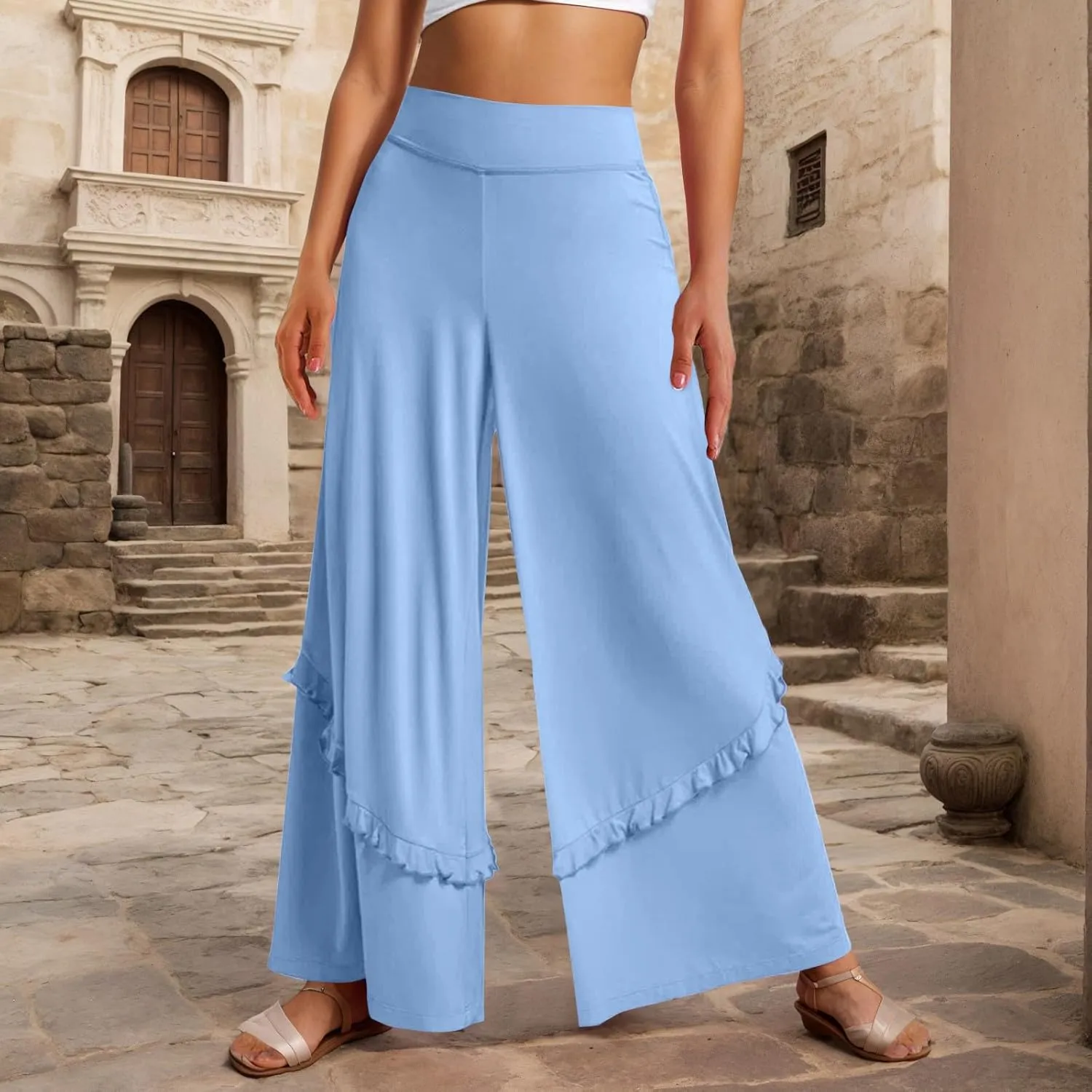 Womens Wide Leg Pants Stretch High Waisted Flowy Ruffle Palazzo Pants Lightweight Soft Comfy Yoga Pants Trousers