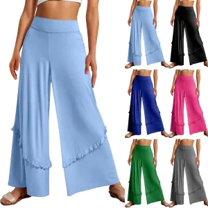 Womens Wide Leg Pants Stretch High Waisted Flowy Ruffle Palazzo Pants Lightweight Soft Comfy Yoga Pants Trousers