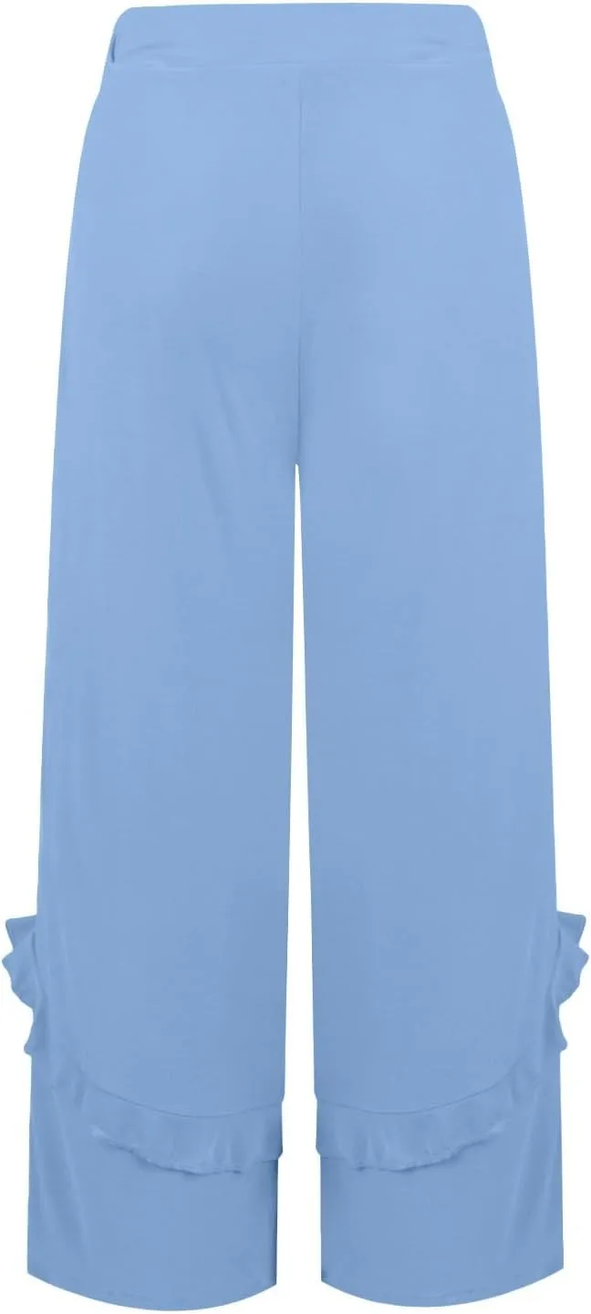 Womens Wide Leg Pants Stretch High Waisted Flowy Ruffle Palazzo Pants Lightweight Soft Comfy Yoga Pants Trousers