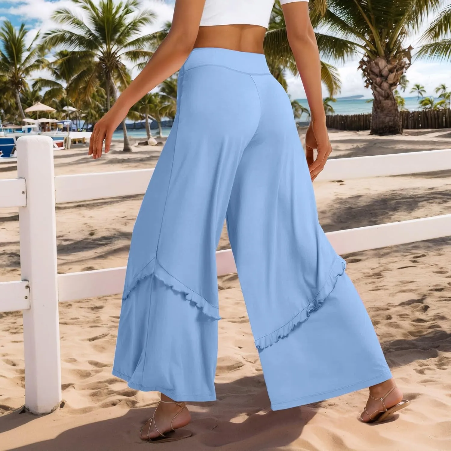 Womens Wide Leg Pants Stretch High Waisted Flowy Ruffle Palazzo Pants Lightweight Soft Comfy Yoga Pants Trousers