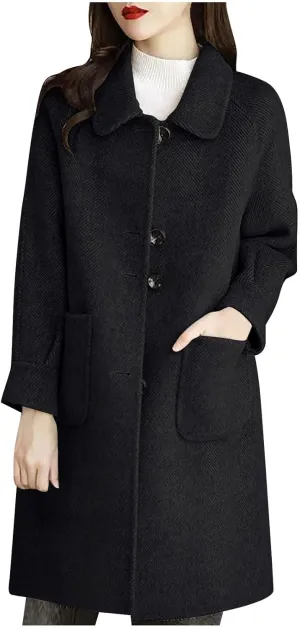 Womens Winter Coat Single-Breasted Wool Blend Coats Plus Size Lapel Collar Soild Long Overcoat Trench Coat with Pocket