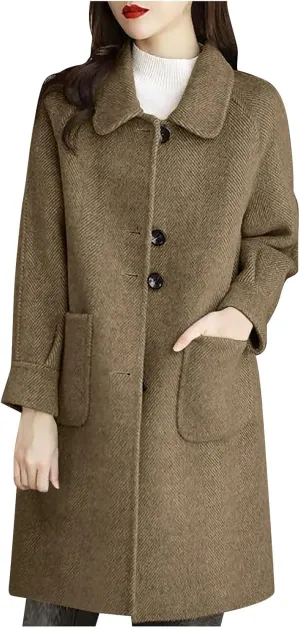 Womens Winter Coat Single-Breasted Wool Blend Coats Plus Size Lapel Collar Soild Long Overcoat Trench Coat with Pocket