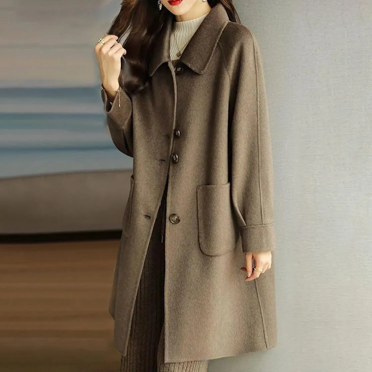 Womens Winter Coat Single-Breasted Wool Blend Coats Plus Size Lapel Collar Soild Long Overcoat Trench Coat with Pocket