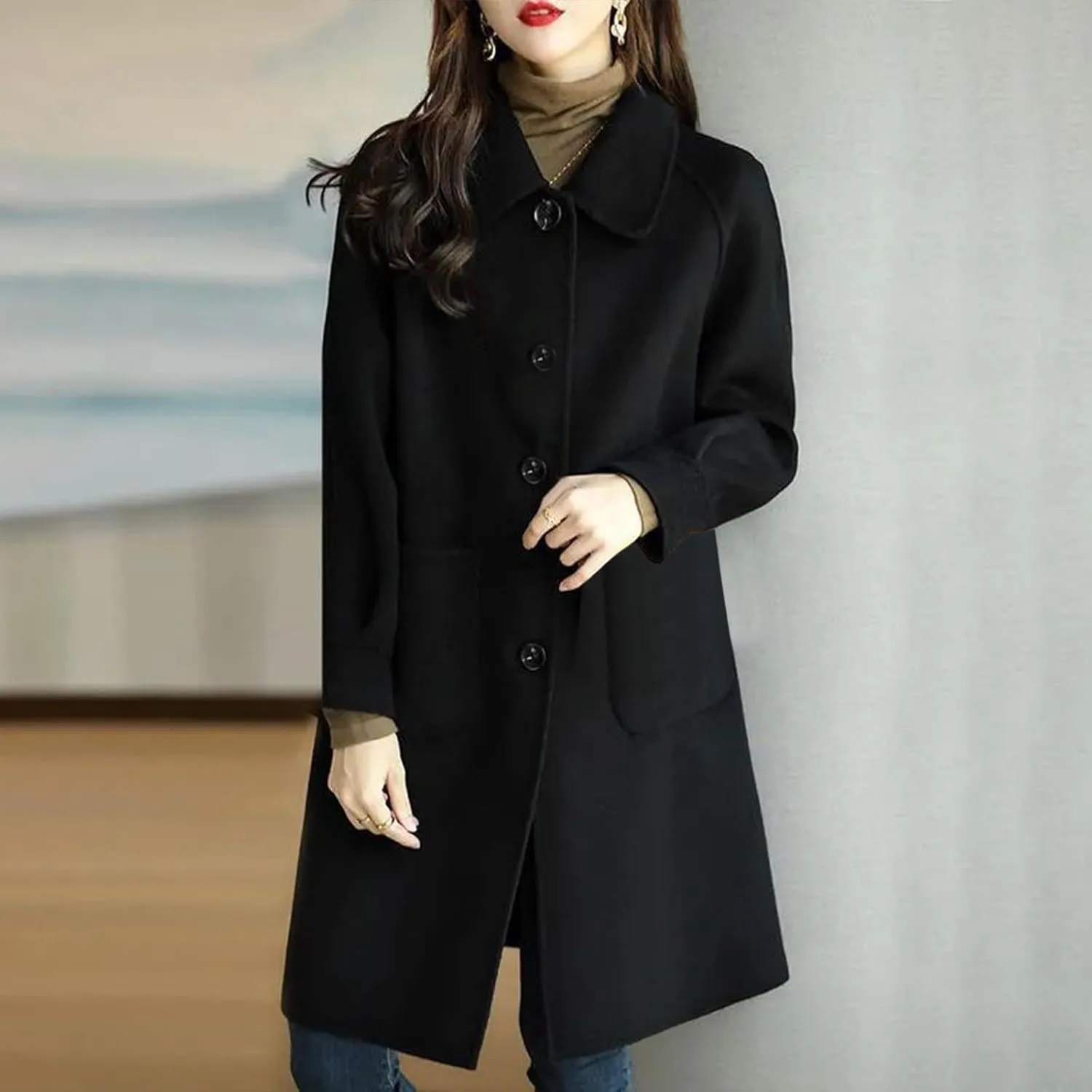 Womens Winter Coat Single-Breasted Wool Blend Coats Plus Size Lapel Collar Soild Long Overcoat Trench Coat with Pocket