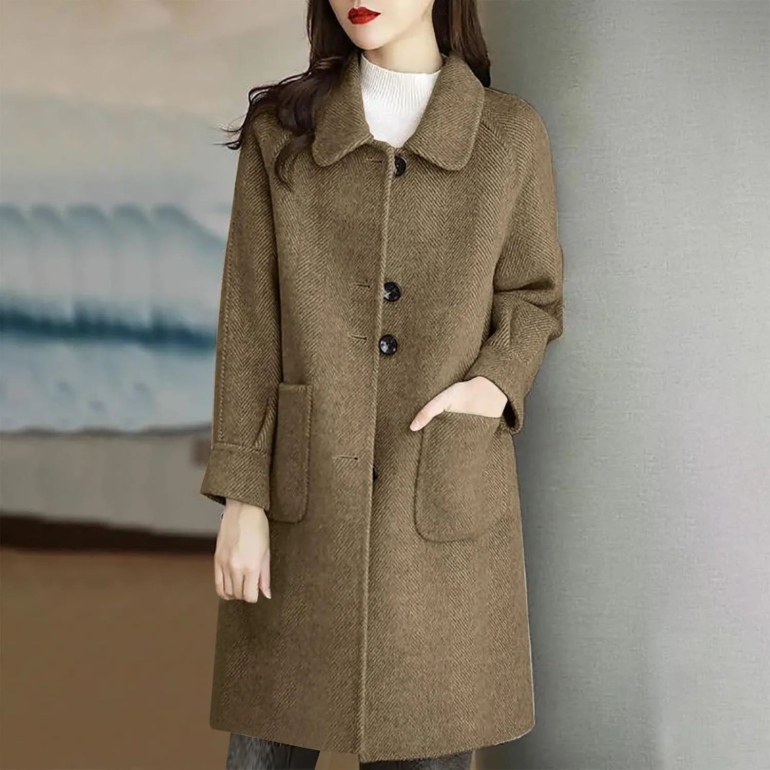 Womens Winter Coat Single-Breasted Wool Blend Coats Plus Size Lapel Collar Soild Long Overcoat Trench Coat with Pocket