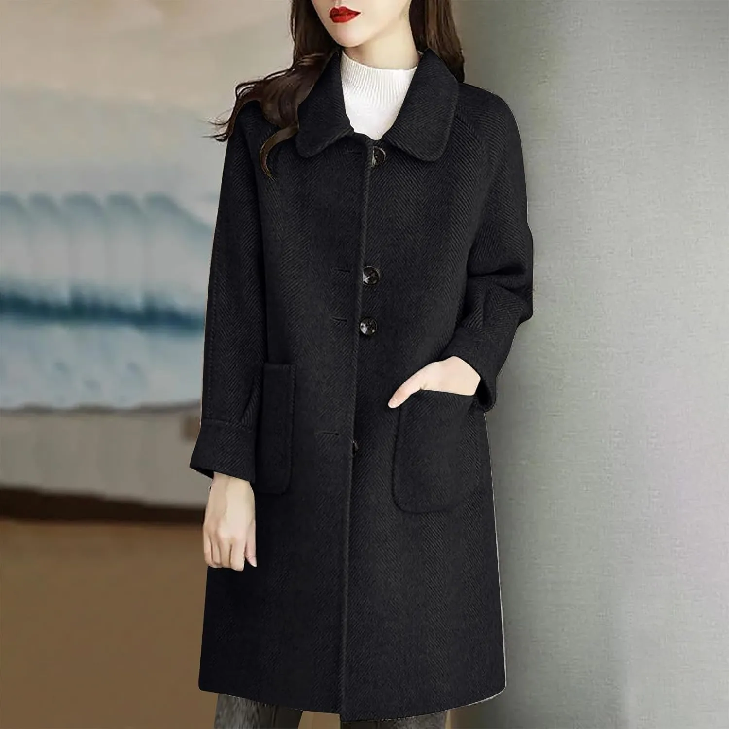 Womens Winter Coat Single-Breasted Wool Blend Coats Plus Size Lapel Collar Soild Long Overcoat Trench Coat with Pocket