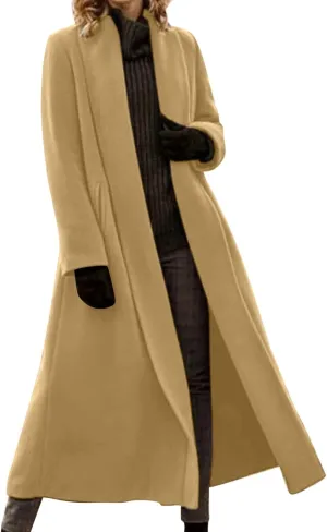 Womens Winter Jackets 2024 Womens Long Winter Pea Coat Casual Wool Blend Overcoat Notched Lapel Collar Trench Coat Belted Long Jacket Outerwear Khaki X-Large