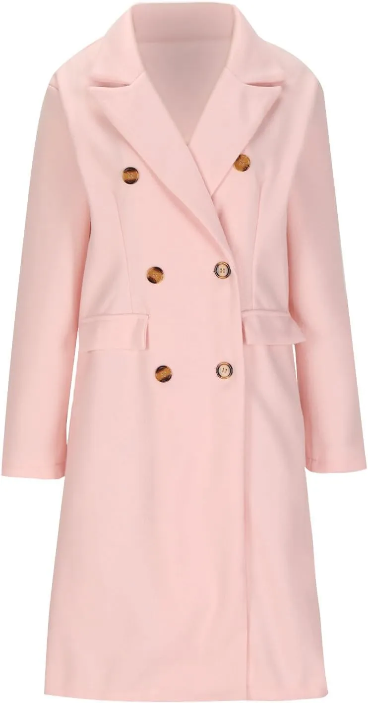 Womens Winter Mid Long Trench Coat Winter Lapel Double Breasted Long Pea Coat Casual Work Office Overcoat with Pocket