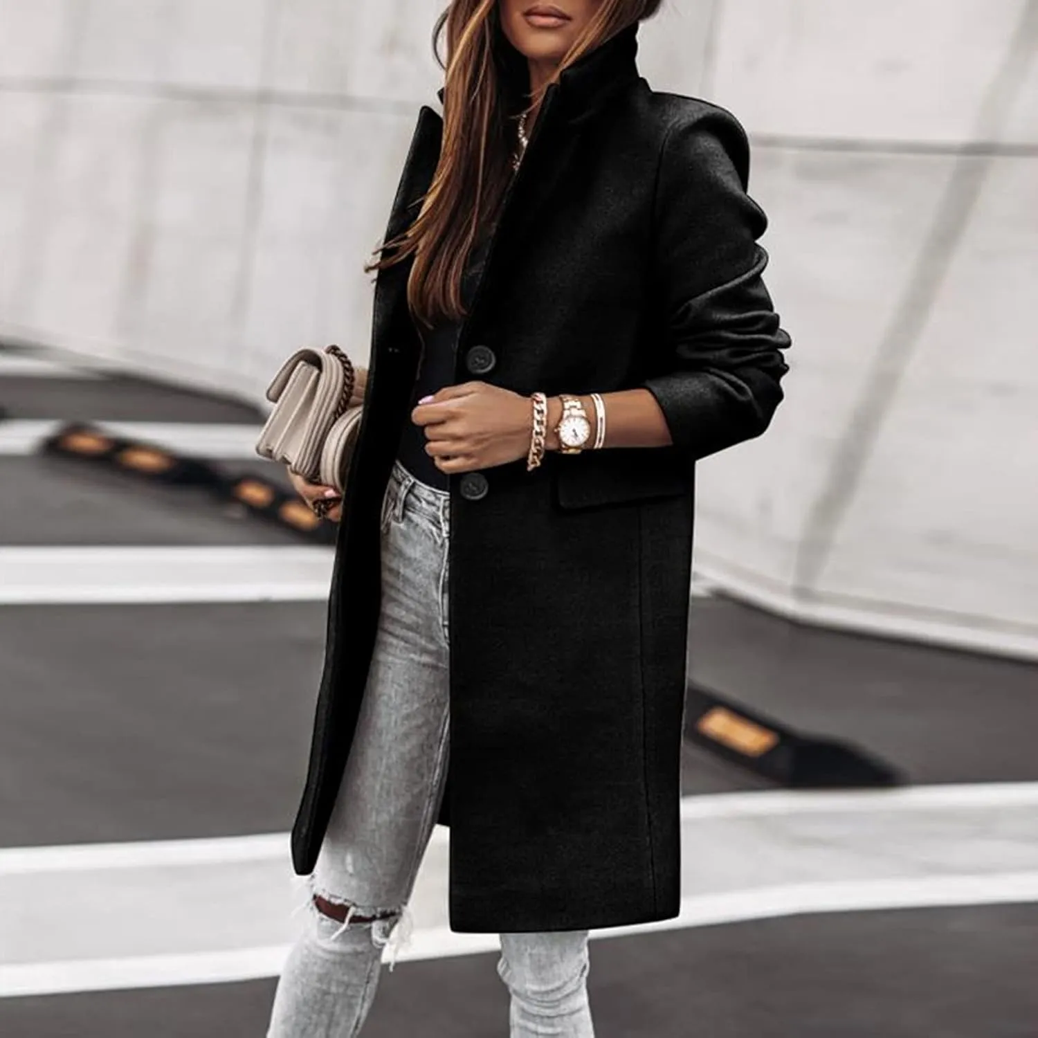 Womens Winter Overcoat Notch Lapel Single Breasted Mid-Long Wool Pea Coat Elegant Work Office Coat Dress Trench Jacket