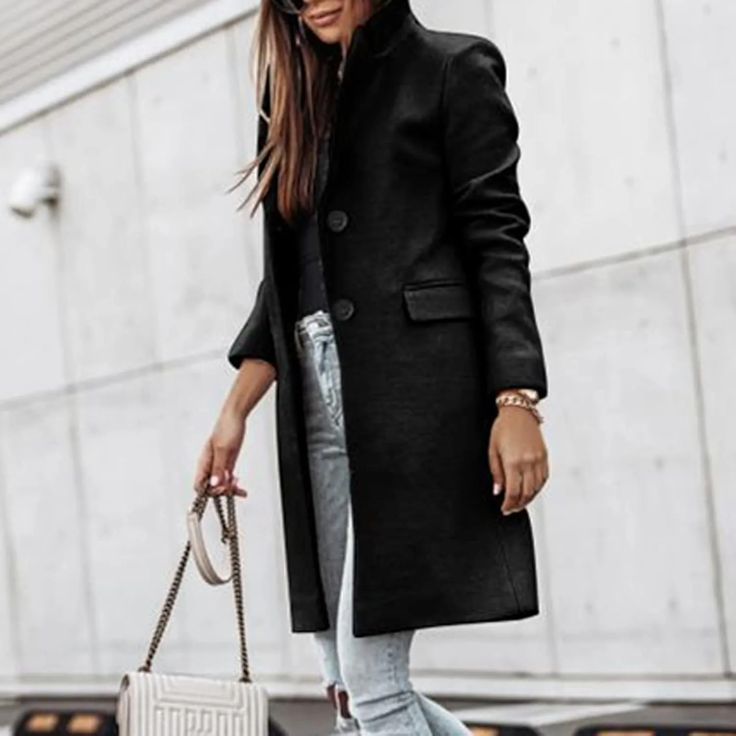 Womens Winter Overcoat Notch Lapel Single Breasted Mid-Long Wool Pea Coat Elegant Work Office Coat Dress Trench Jacket