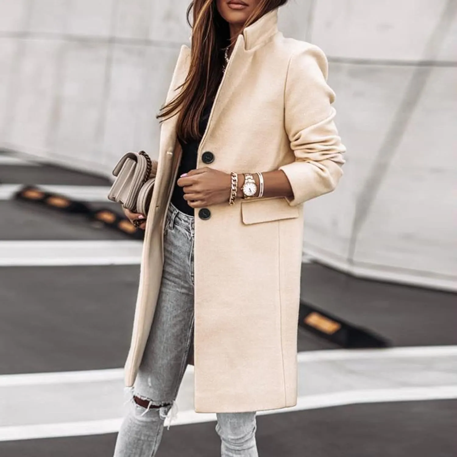 Womens Winter Overcoat Notch Lapel Single Breasted Mid-Long Wool Pea Coat Elegant Work Office Coat Dress Trench Jacket